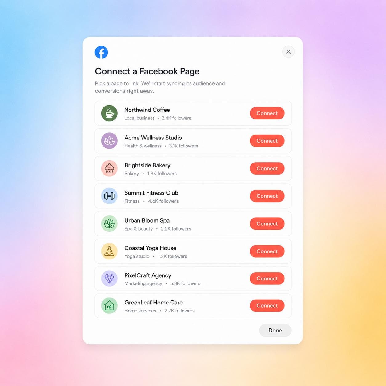 Connect a Facebook Page dialog listing pages to link